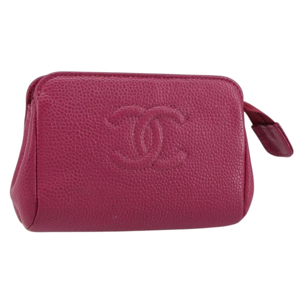 CHANEL COCO Mark Pouch Caviar Skin Pink Gold CC Auth 152429