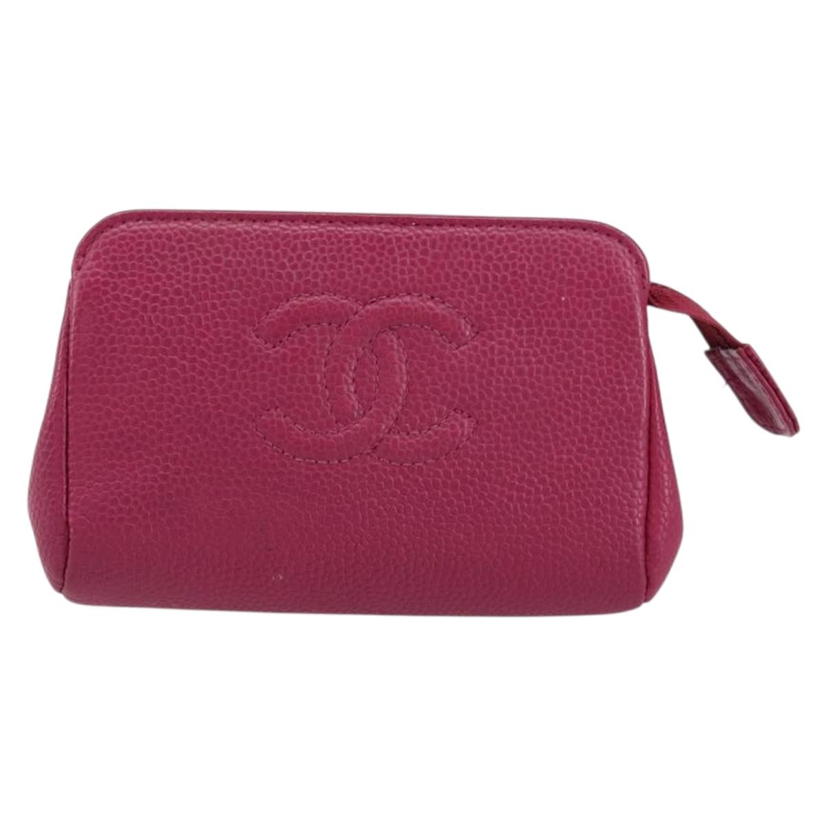 CHANEL COCO Mark Pouch Caviar Skin Pink Gold CC Auth 152429