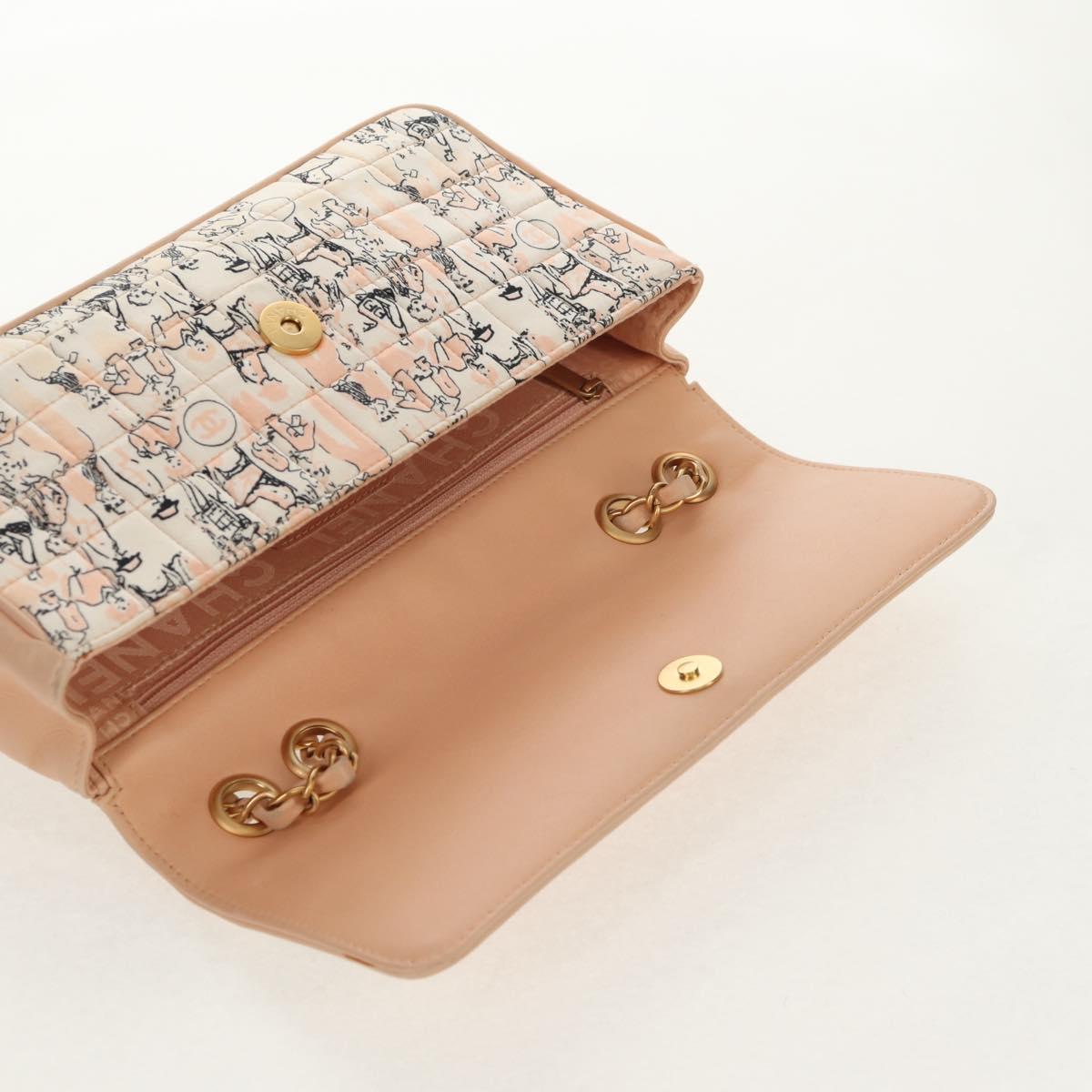CHANEL Choco Bar Line Chain Bag Leather Cotton Beige Gold CC Auth 152448V