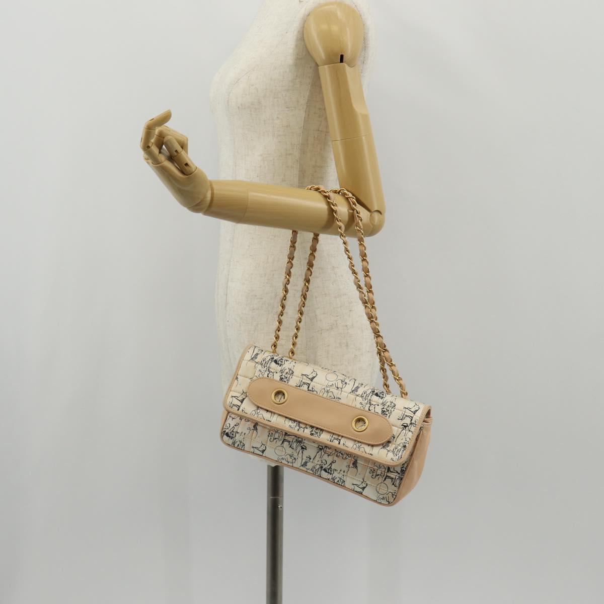 CHANEL Choco Bar Line Chain Bag Leather Cotton Beige Gold CC Auth 152448V