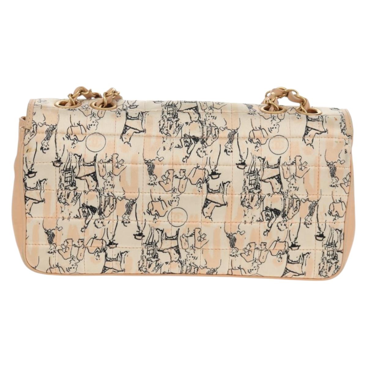 CHANEL Choco Bar Line Chain Bag Leather Cotton Beige Gold CC Auth 152448V