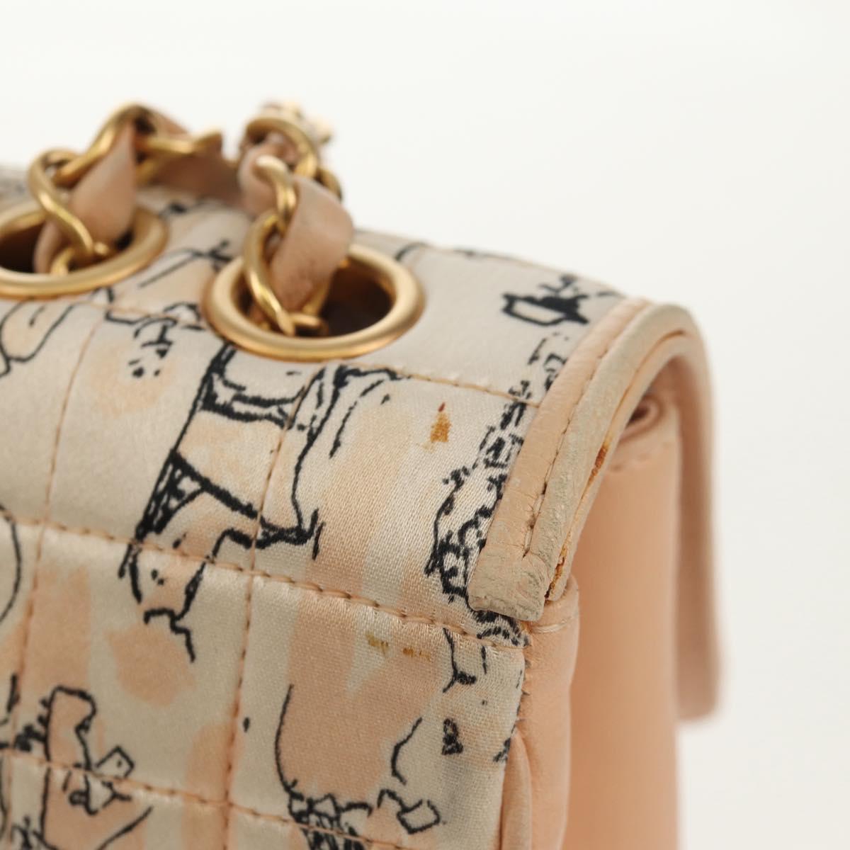 CHANEL Choco Bar Line Chain Bag Leather Cotton Beige Gold CC Auth 152448V