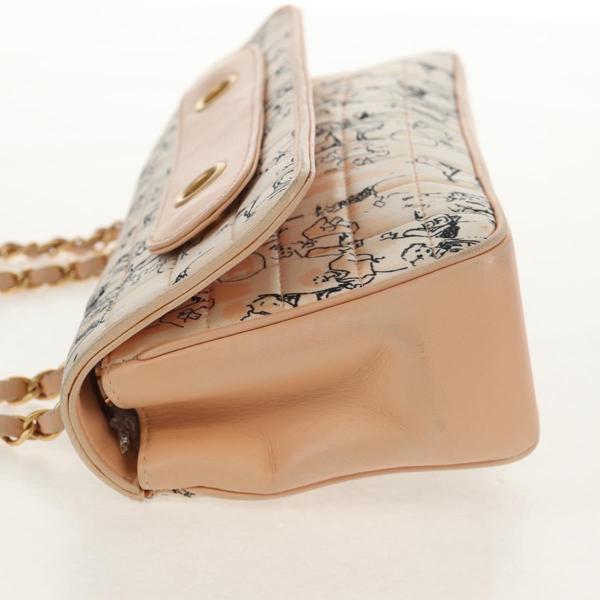 CHANEL Choco Bar Line Chain Bag Leather Cotton Beige Gold CC Auth 152448V