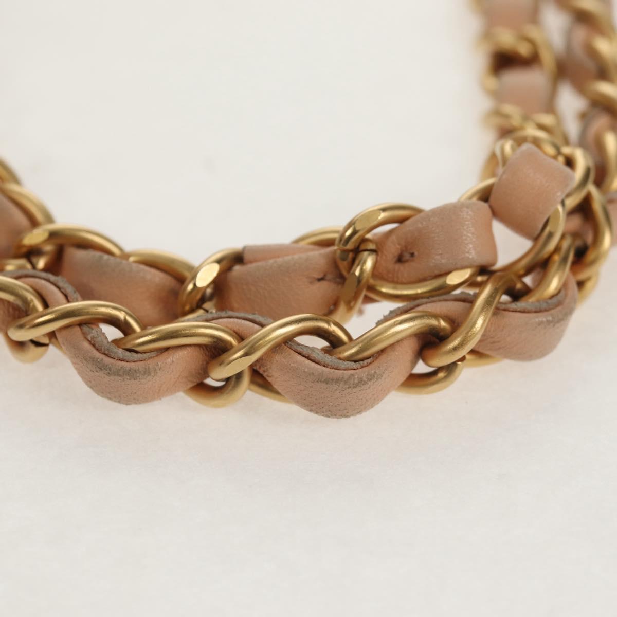 CHANEL Choco Bar Line Chain Bag Leather Cotton Beige Gold CC Auth 152448AV