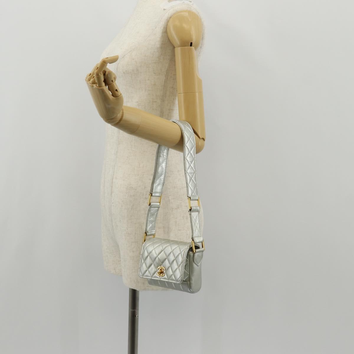 CHANEL Matelasse Shoulder Bag Leather Silver Gold CC Auth 152450AV