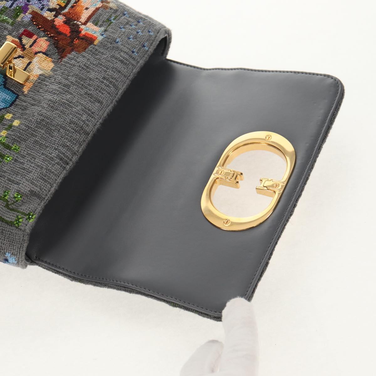 Christian Dior Chain Caro Shoulder Bag cotton Gray Gold Auth 152452AM