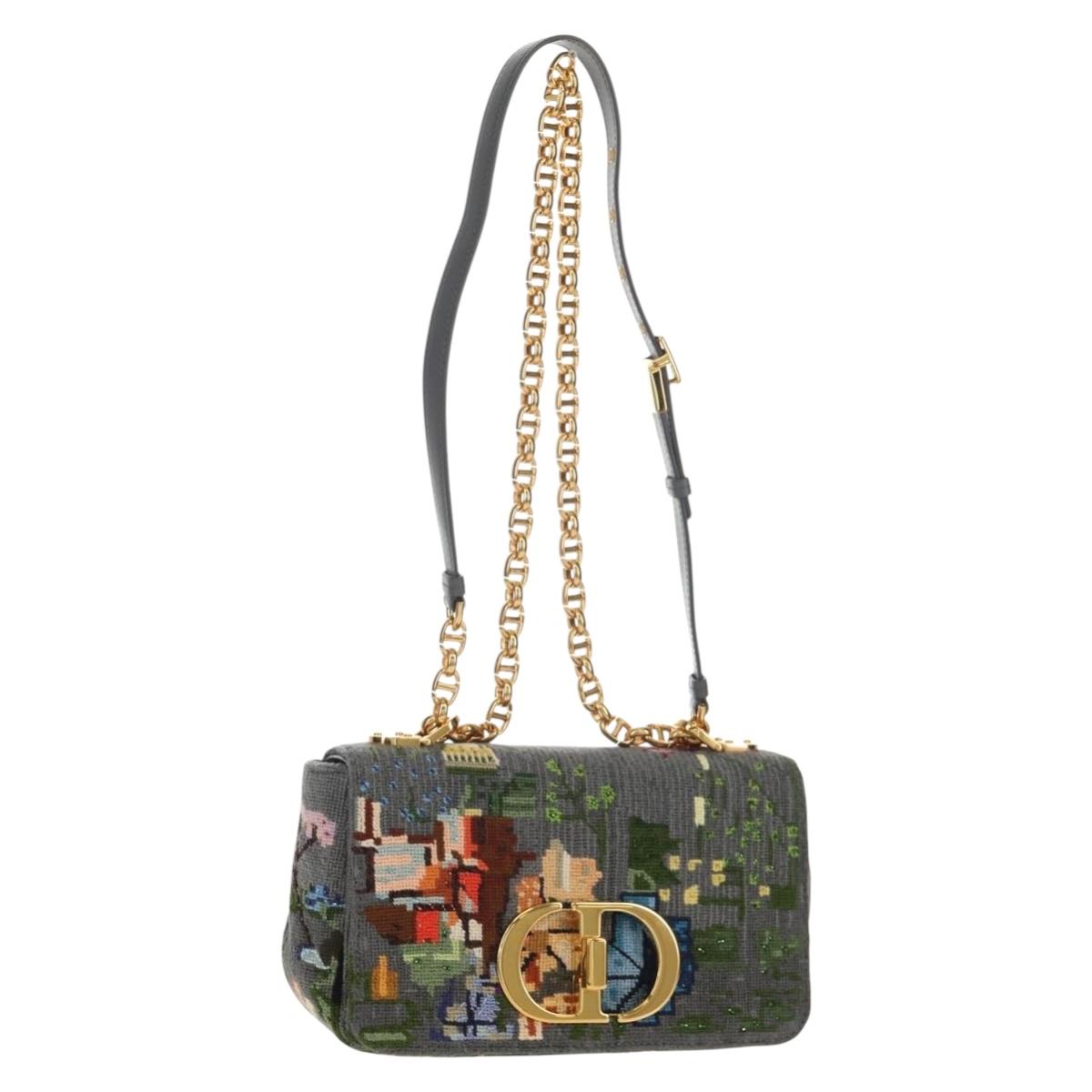 Christian Dior Chain Caro Shoulder Bag cotton Gray Gold Auth 152452AM