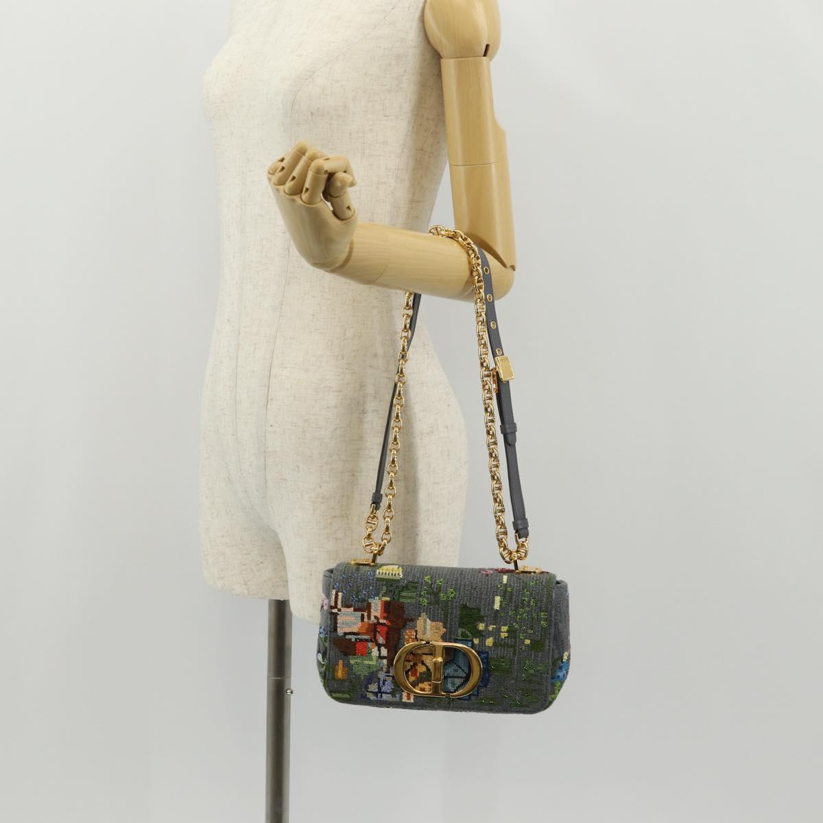 Christian Dior Chain Caro Shoulder Bag cotton Gray Gold Auth 152452AM