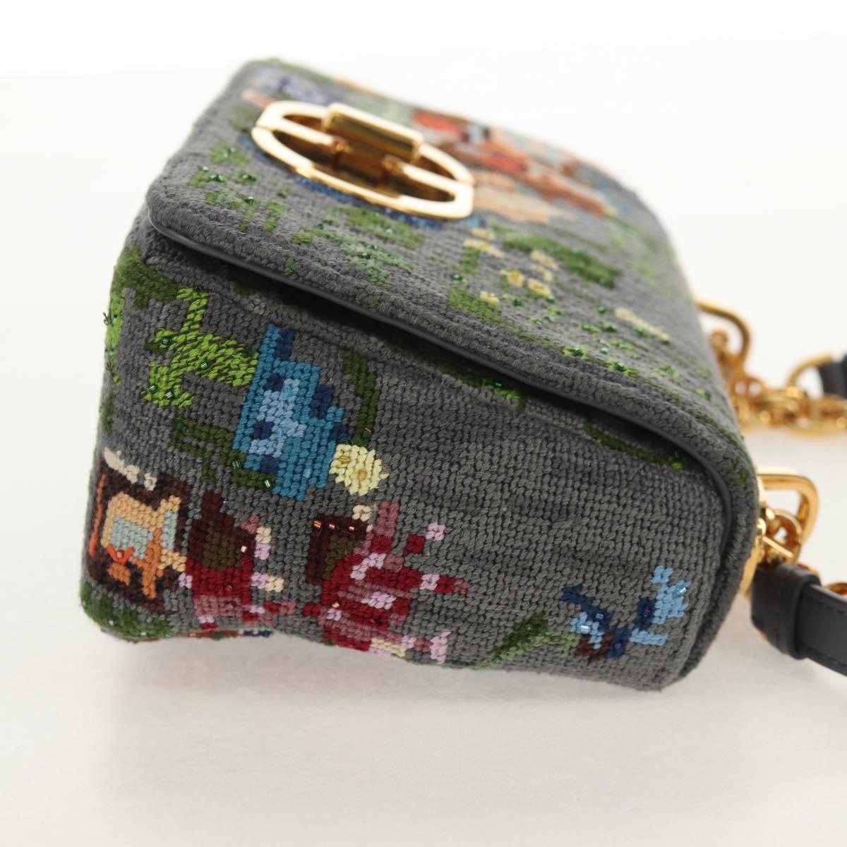 Christian Dior Chain Caro Shoulder Bag cotton Gray Gold Auth 152452AM