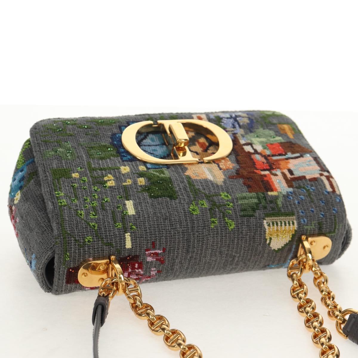 Christian Dior Chain Caro Shoulder Bag cotton Gray Gold Auth 152452AM
