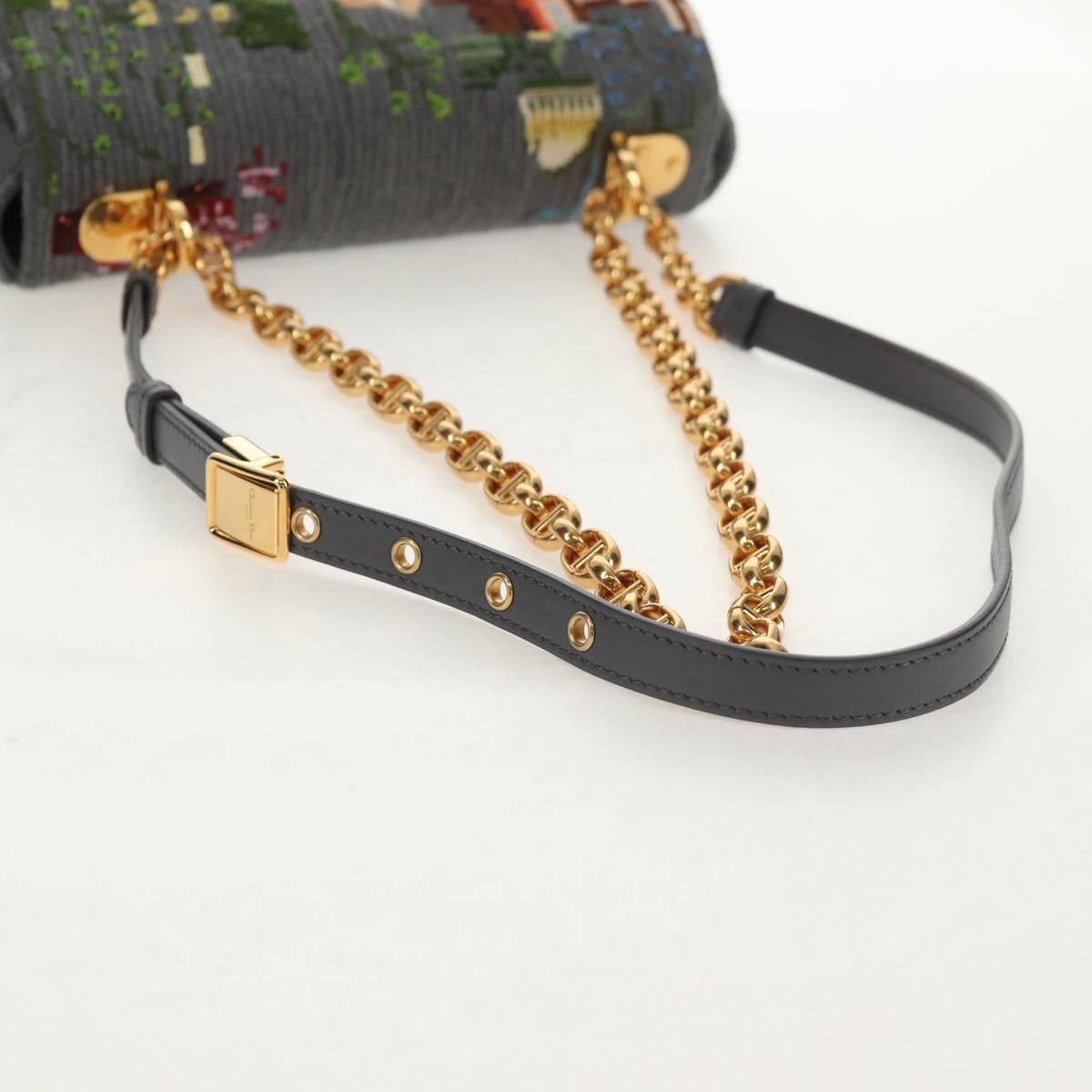 Christian Dior Chain Caro Shoulder Bag cotton Gray Gold Auth 152452AM