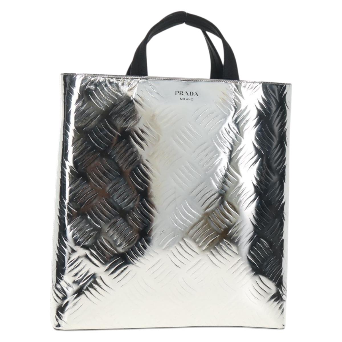 PRADA Hand Bag Metallic leather Silver Auth 152470M