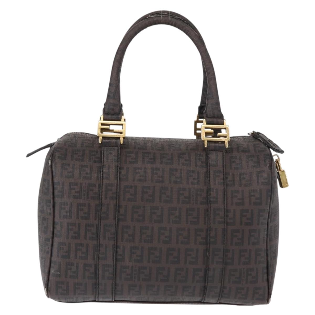 FENDI Zucchino Canvas Boston Bag PVC Dark Brown Gold Auth 152507