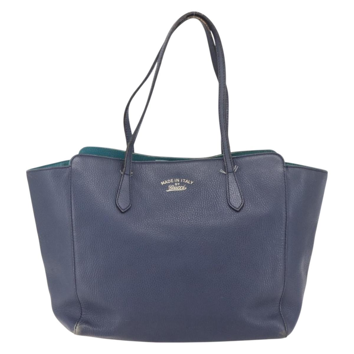 GUCCI Tote Bag Leather Navy Gold 354397 Auth 152574