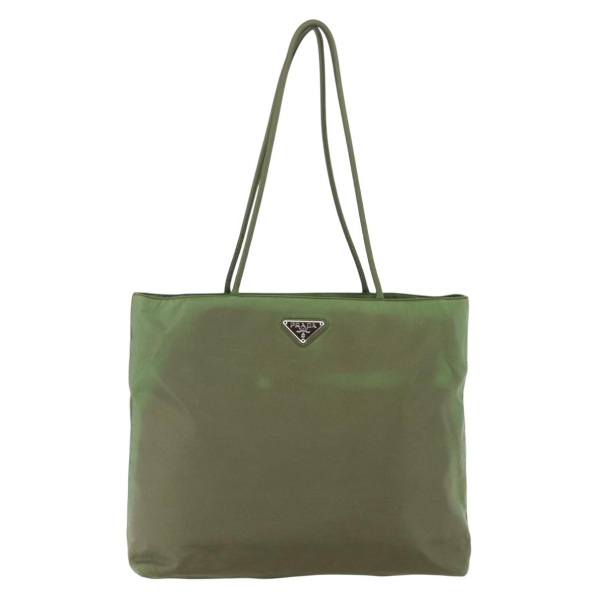 PRADA Tote Bag Nylon Khaki Silver Auth 152583