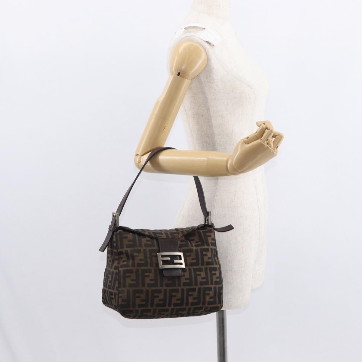 FENDI Zucca Canvas Mamma Baguette Shoulder Bag Black Brown Silver Auth 152586