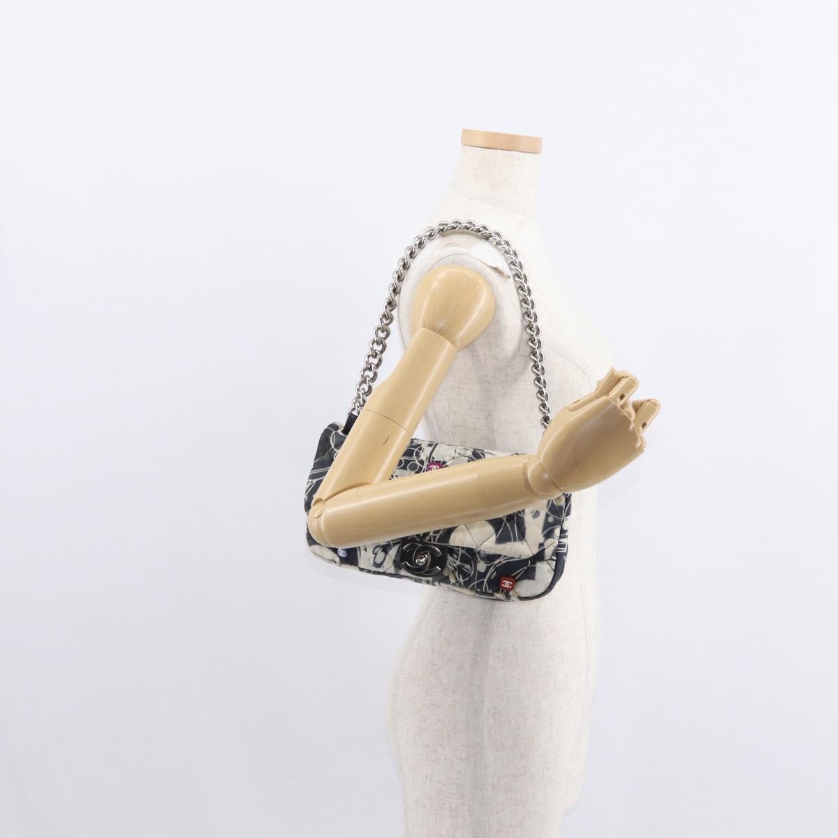 CHANEL Matelasse Chain Shoulder Bag Satin Black Silver CC Auth 152608A