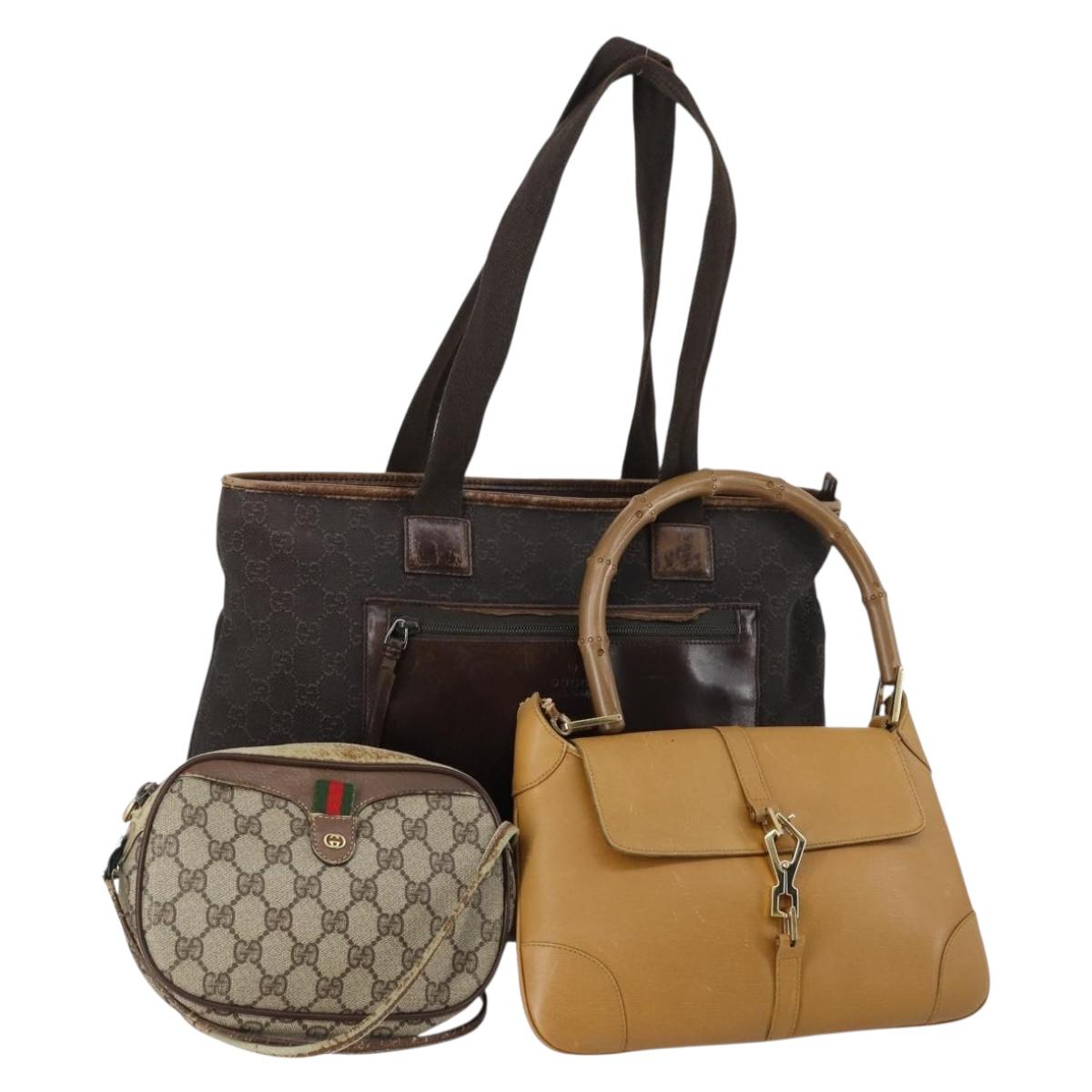 GUCCI GG Canvas Shoulder Bag Leather 3 Set Beige Dark Brown Auth 152612