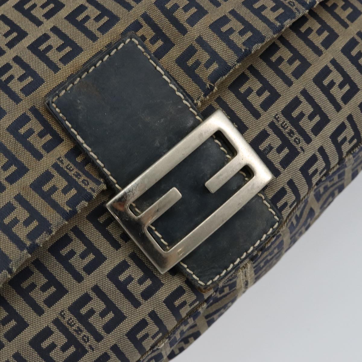 FENDI Zucchino Canvas Mamma Baguette Shoulder Bag Navy Silver Auth 152632
