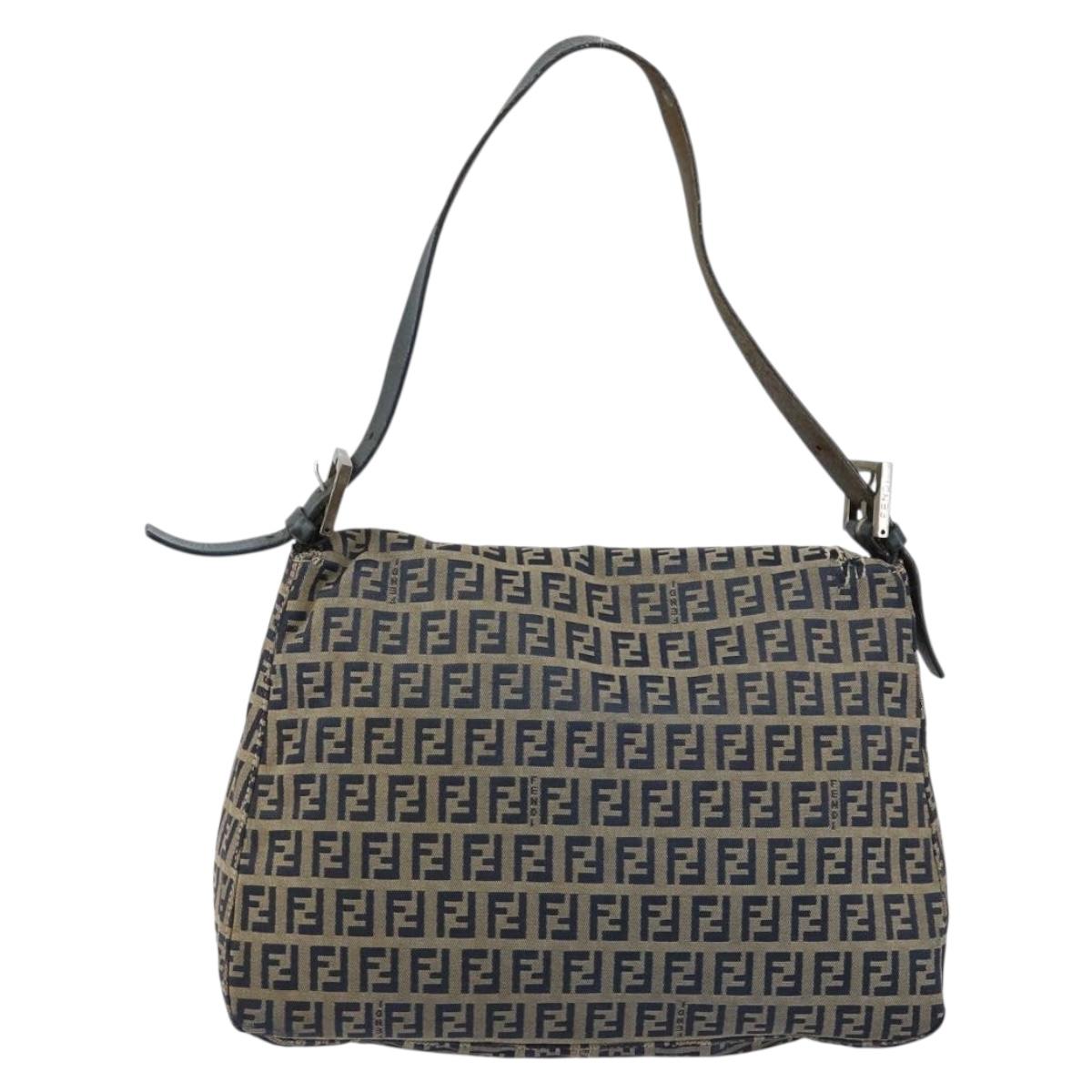 FENDI Zucchino Canvas Mamma Baguette Shoulder Bag Navy Silver Auth 152632