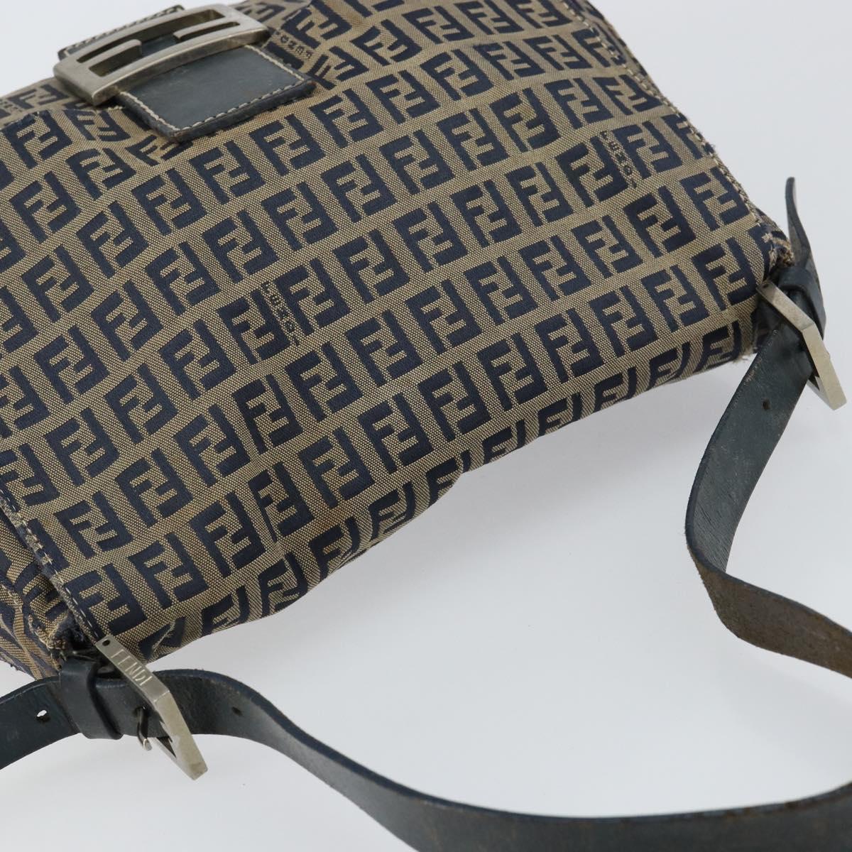 FENDI Zucchino Canvas Mamma Baguette Shoulder Bag Navy Silver Auth 152632