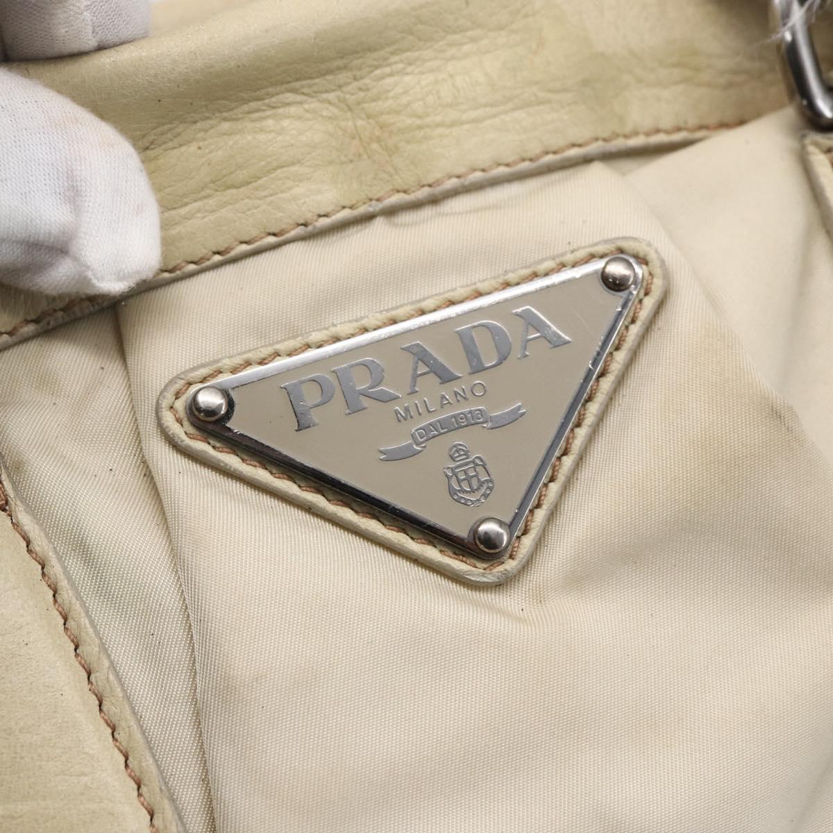 PRADA Hand Bag Nylon Leather 2way Beige Silver Auth 152635