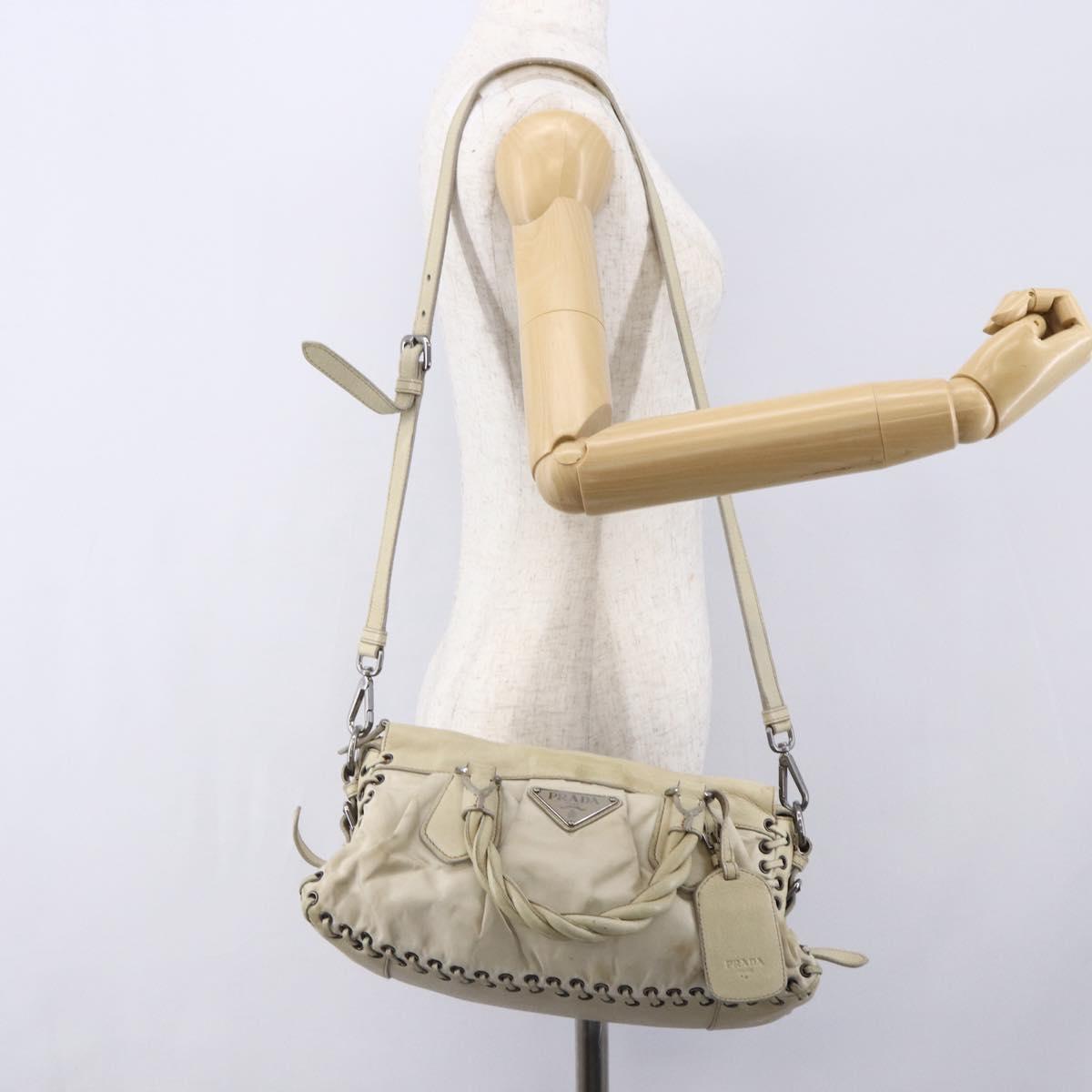PRADA Hand Bag Nylon Leather 2way Beige Silver Auth 152635
