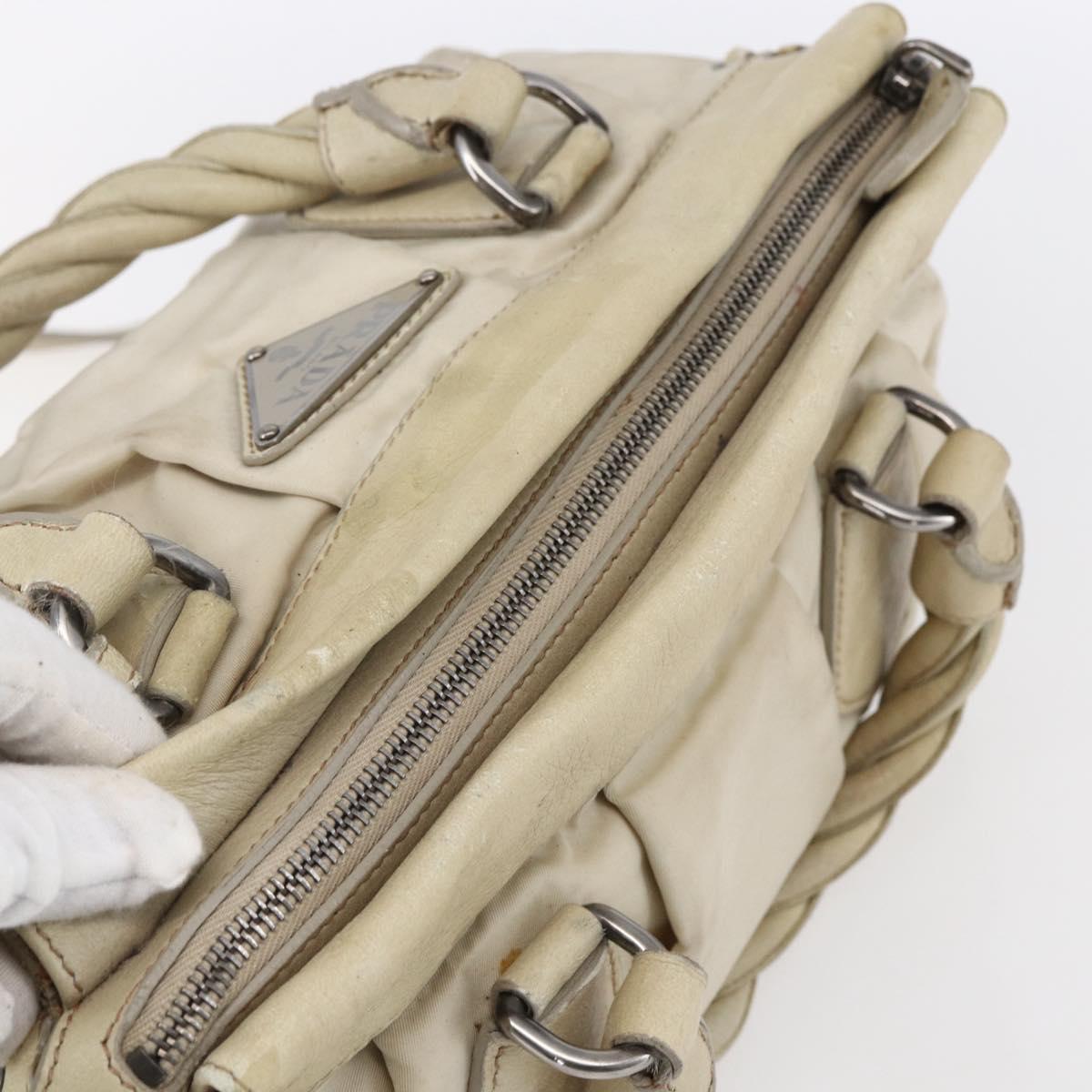 PRADA Hand Bag Nylon Leather 2way Beige Silver Auth 152635