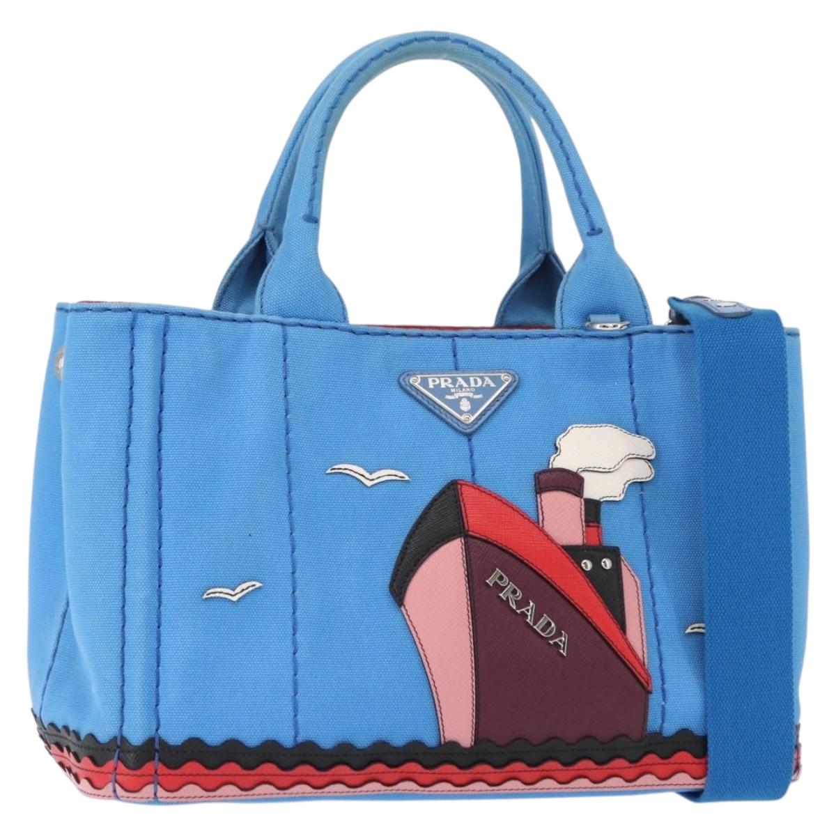 PRADA Canapa PM Hand Bag Canvas 2way Blue Silver Auth 152636