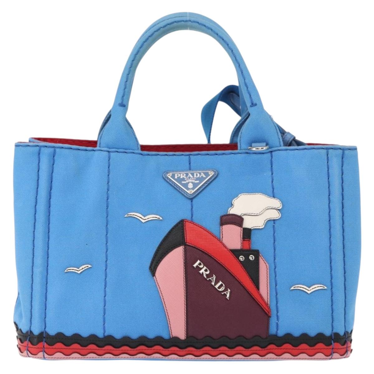 PRADA Canapa PM Hand Bag Canvas 2way Blue Silver Auth 152636