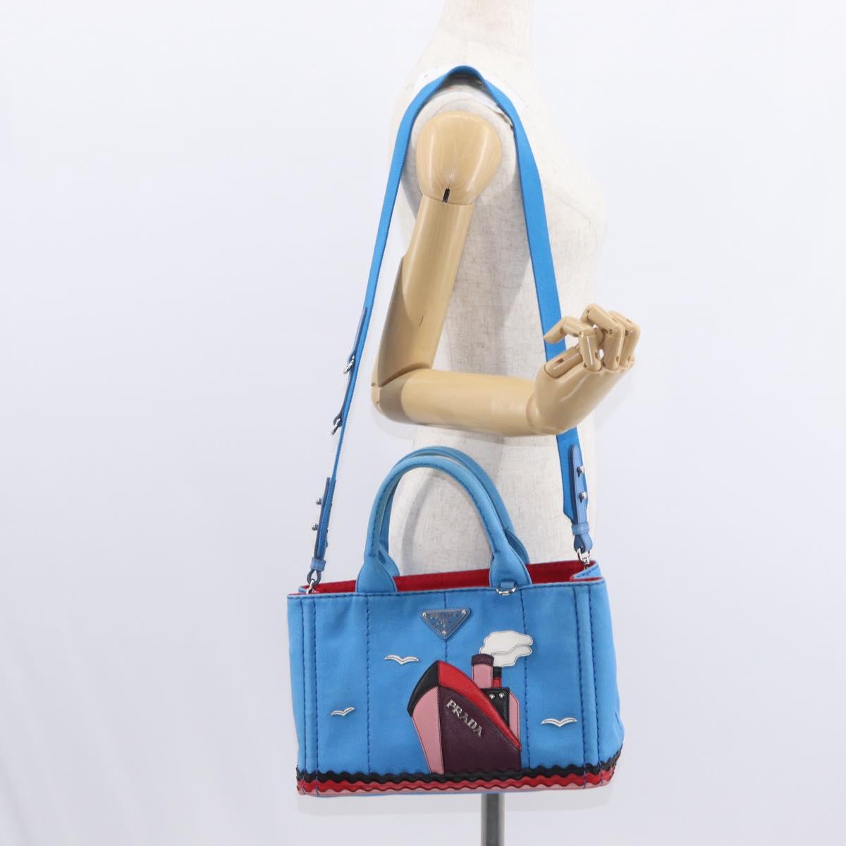 PRADA Canapa PM Hand Bag Canvas 2way Blue Silver Auth 152636