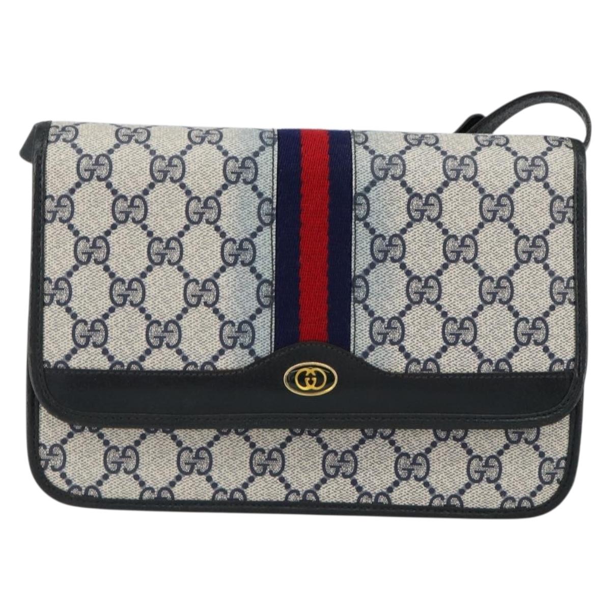 GUCCI GG Supreme Sherry Line Shoulder Bag PVC Navy Gold Red Auth 152645