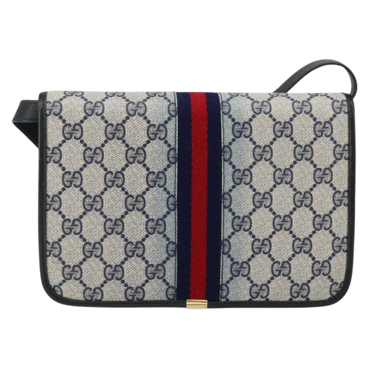 GUCCI GG Supreme Sherry Line Shoulder Bag PVC Navy Gold Red Auth 152645