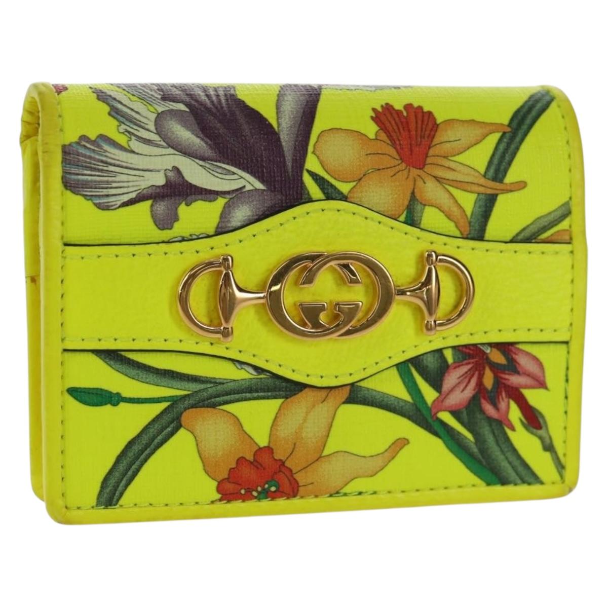 GUCCI Floral Bifold Wallet Leather Yellow 536353 Auth 152674V