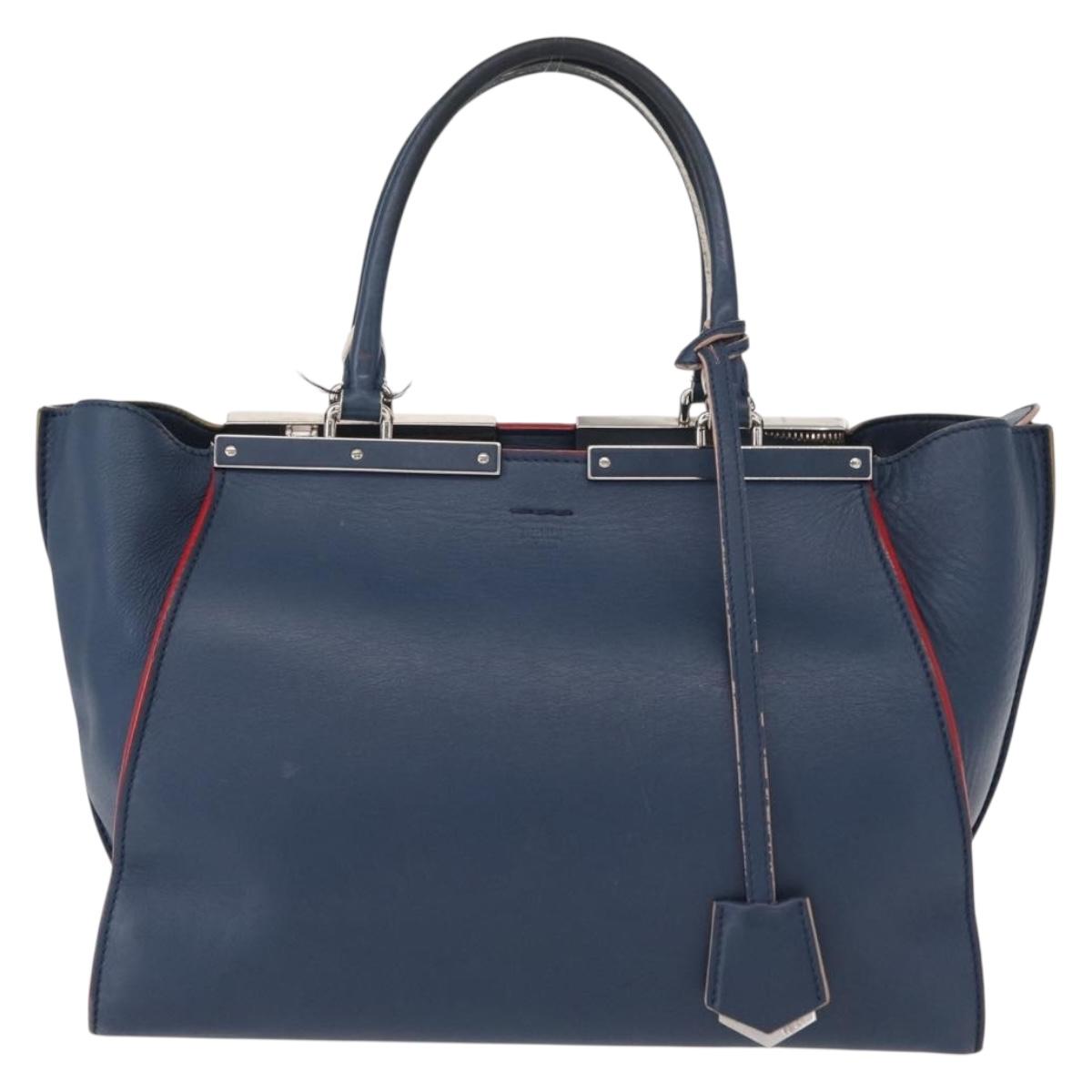 FENDI Trois Jules Hand Bag Leather Navy Silver Auth 152694