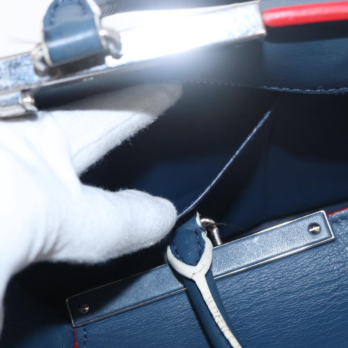 FENDI Trois Jules Hand Bag Leather Navy Silver Auth 152694