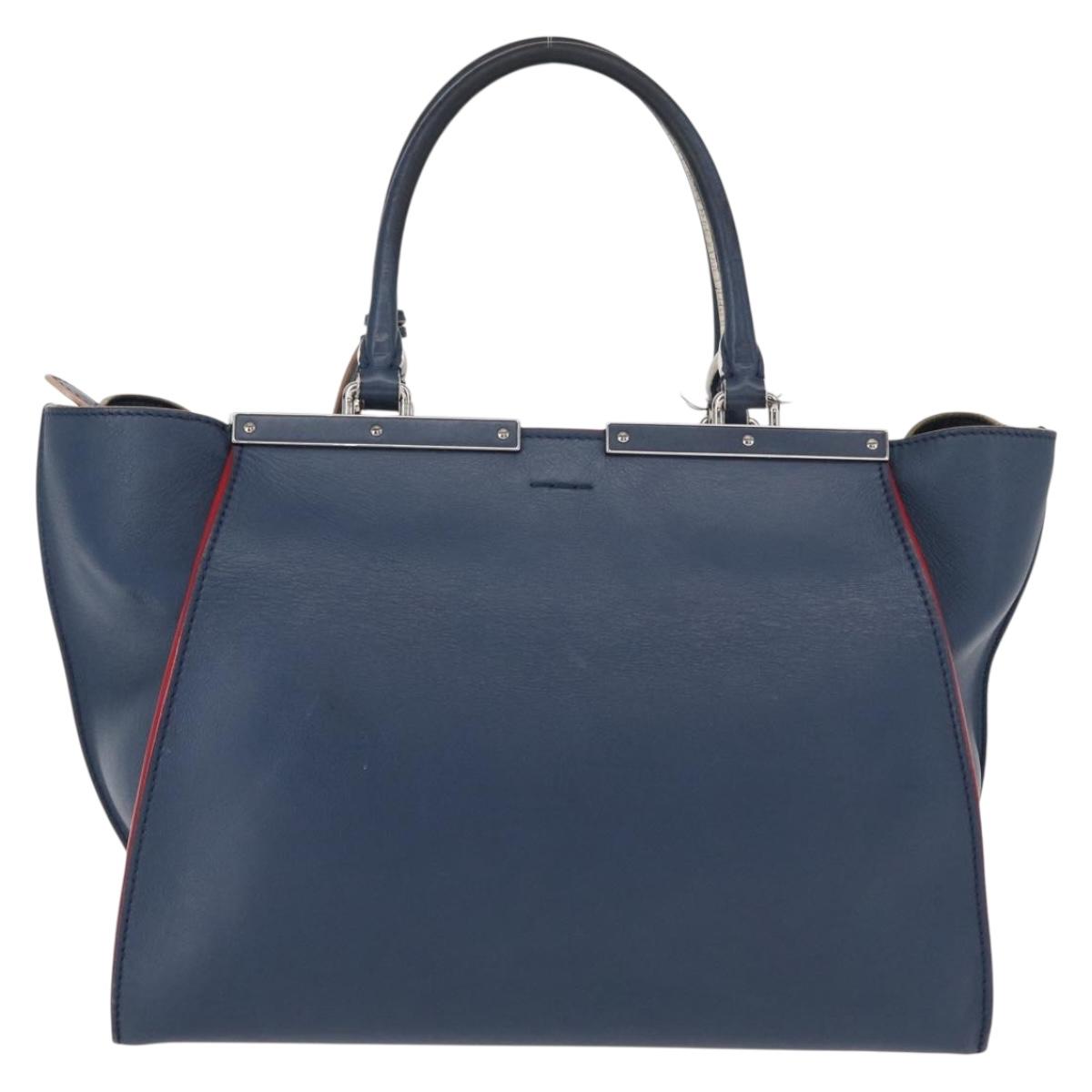 FENDI Trois Jules Hand Bag Leather Navy Silver Auth 152694