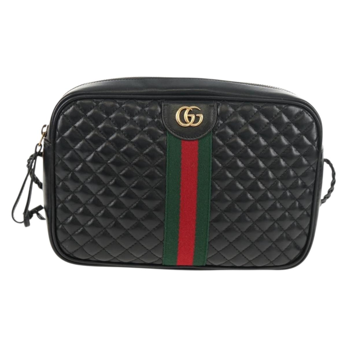 GUCCI GG Marmont Web Sherry Line Bag Leather Black Gold Red 541051 Auth 152695V