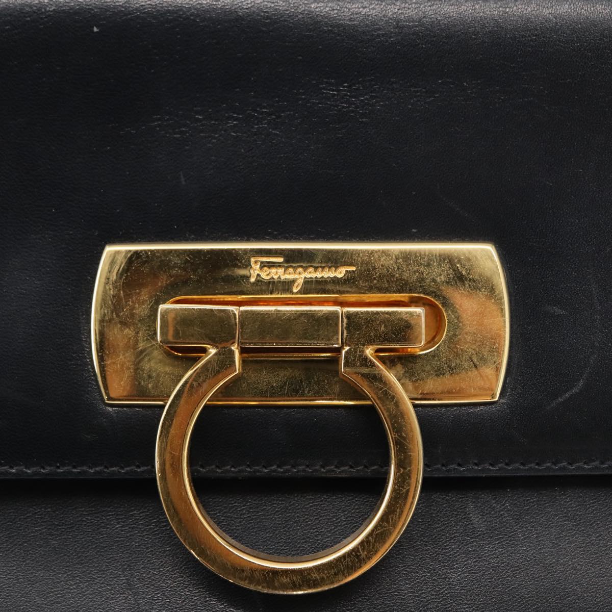 Salvatore Ferragamo Gancini Chain Shoulder Bag Leather Navy Gold Auth 152720