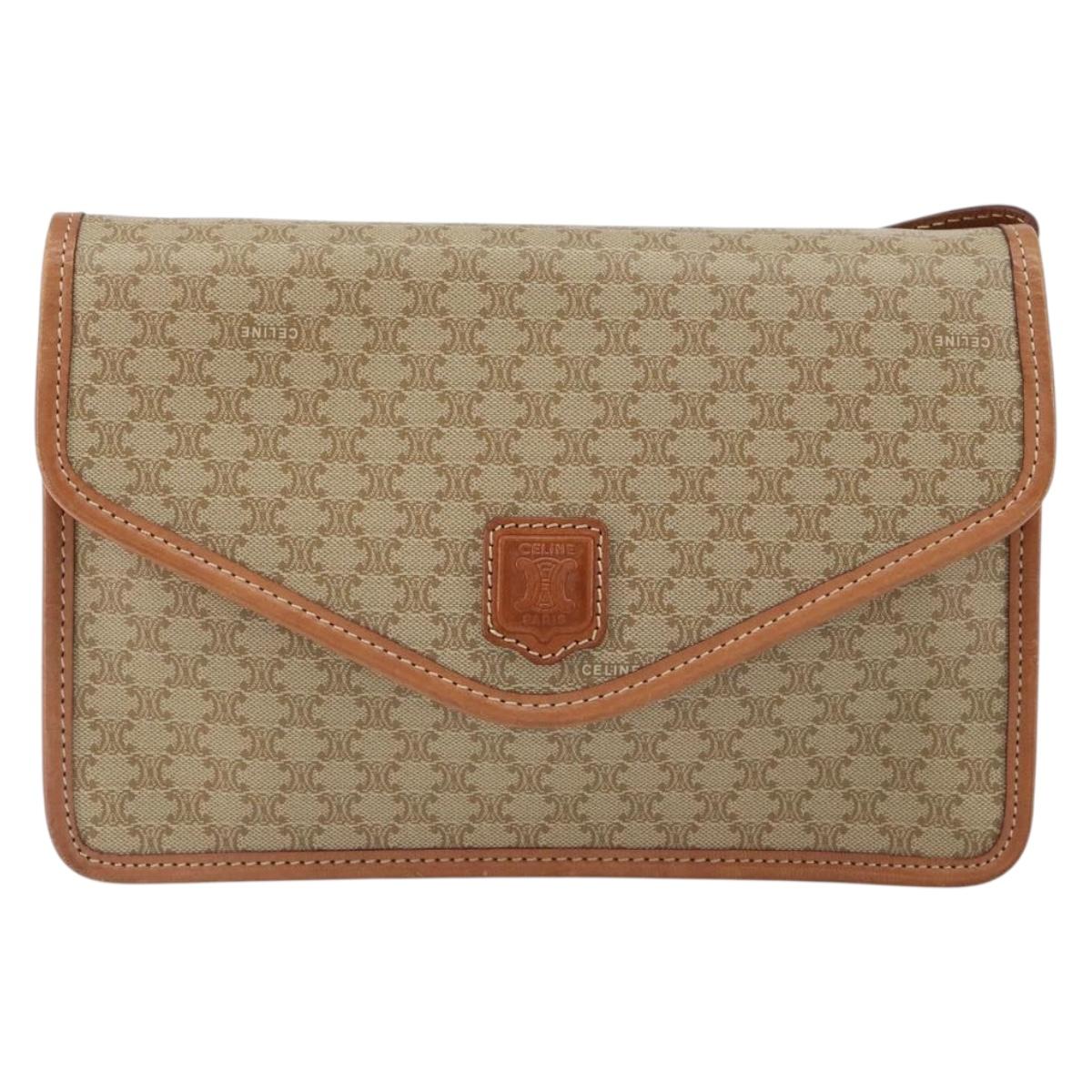 CELINE Macadam Canvas Shoulder Bag PVC Leather Beige Gold Auth 152722