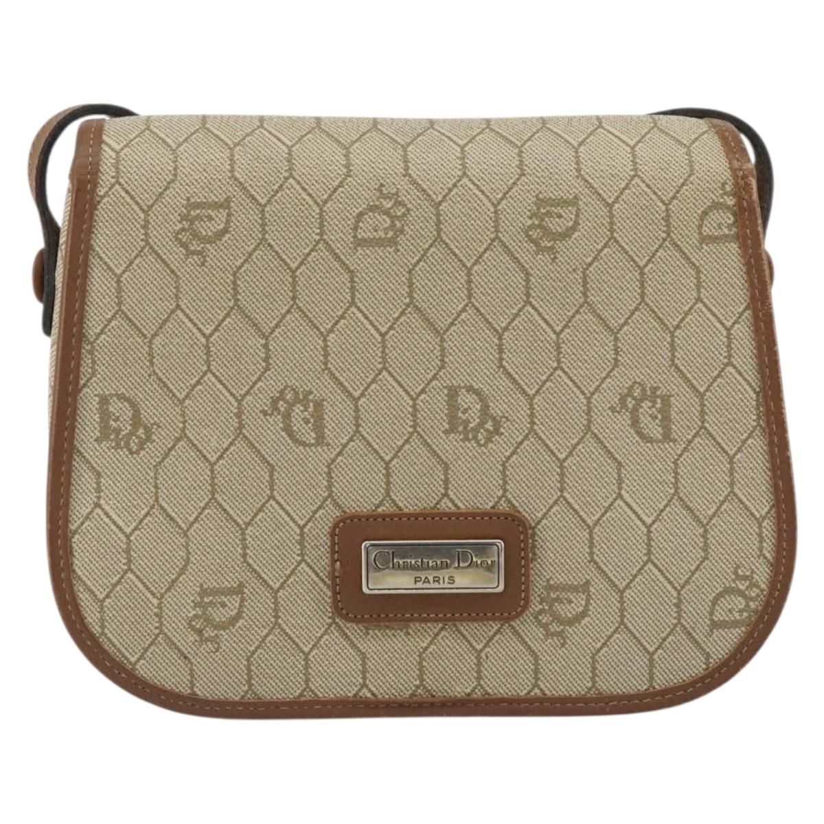 Christian Dior Honeycomb Canvas Shoulder Bag PVC Beige Gold Auth 152728