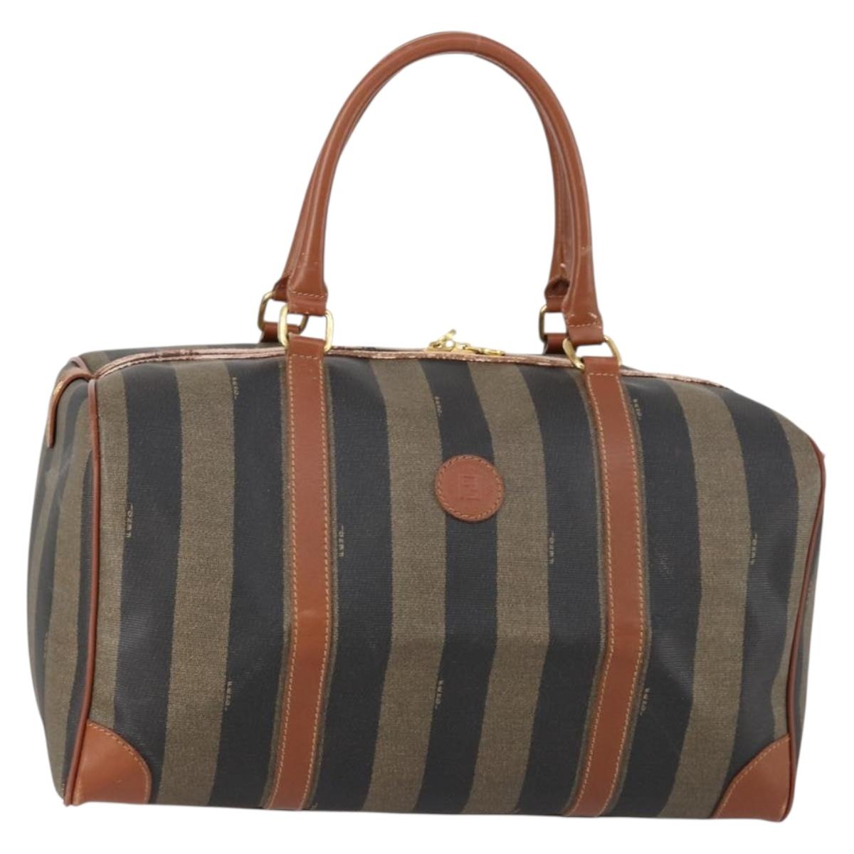 FENDI Pecan Canvas Boston Bag PVC Black Brown gold Auth 152730