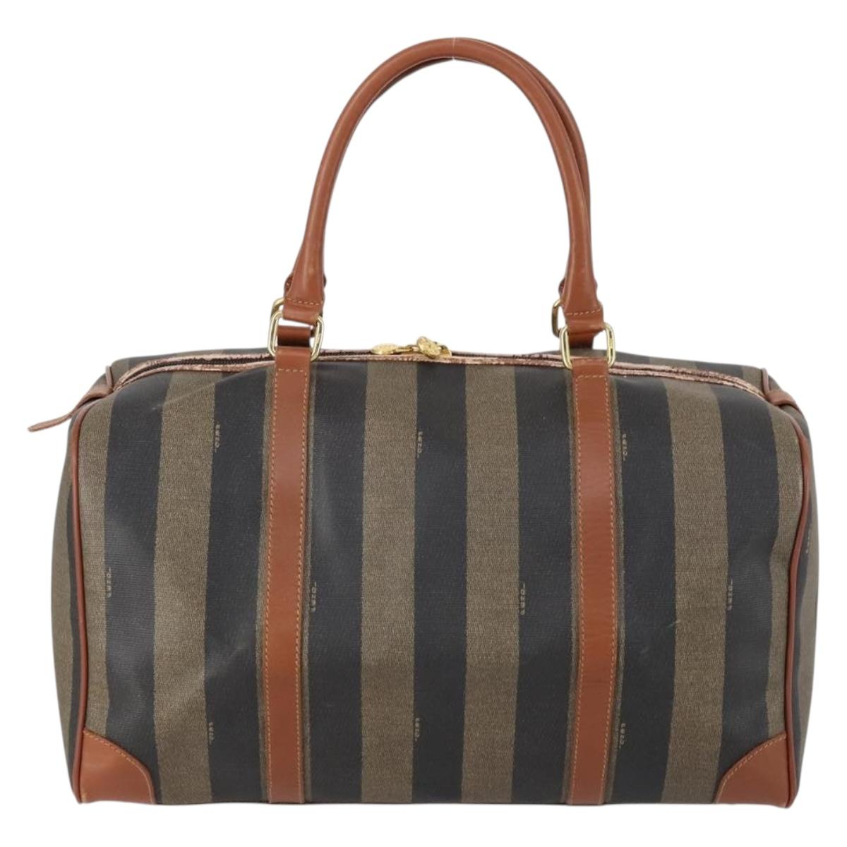 FENDI Pecan Canvas Boston Bag PVC Black Brown gold Auth 152730