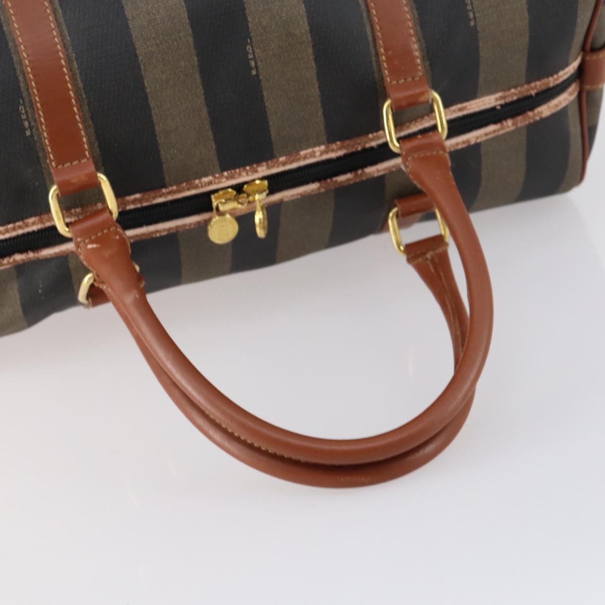 FENDI Pecan Canvas Boston Bag PVC Black Brown gold Auth 152730