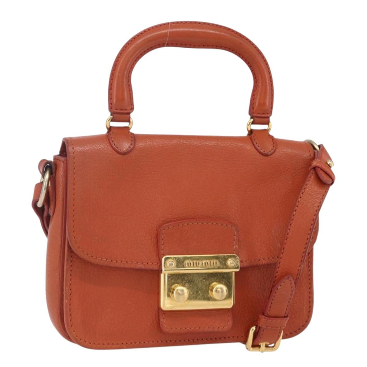 Miu Miu Madras Hand Bag Leather 2way Orange Gold Auth 152737