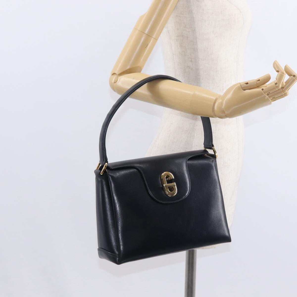 GUCCI Shoulder Bag Leather Navy Gold Auth 152739
