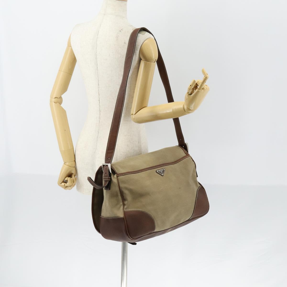 PRADA Shoulder Bag Canvas Leather Beige Brown Silver Auth 152823