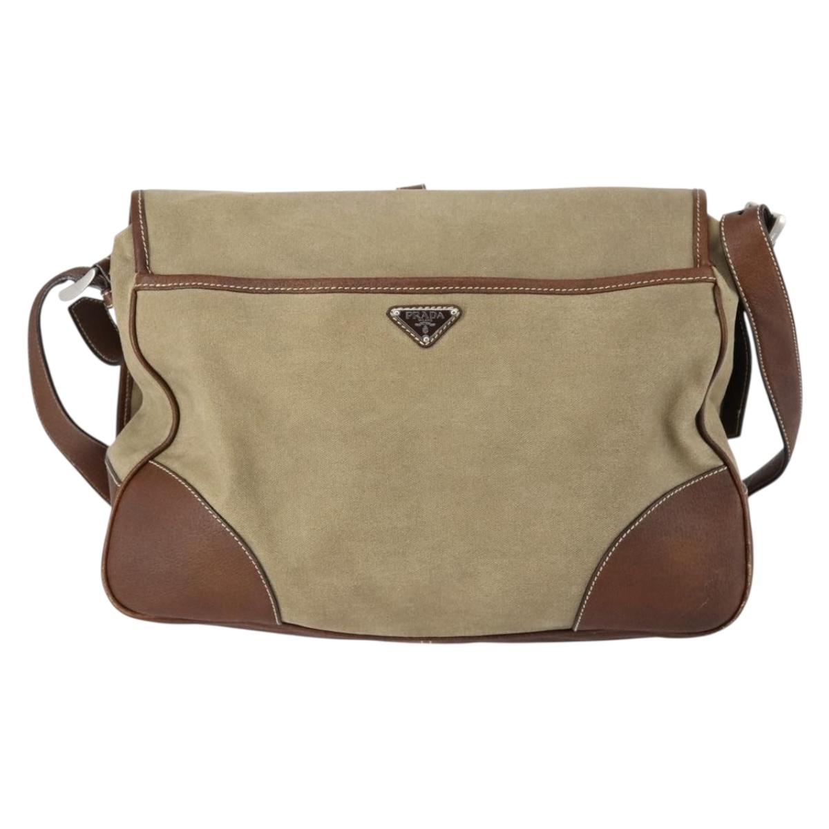 PRADA Shoulder Bag Canvas Leather Beige Brown Silver Auth 152823
