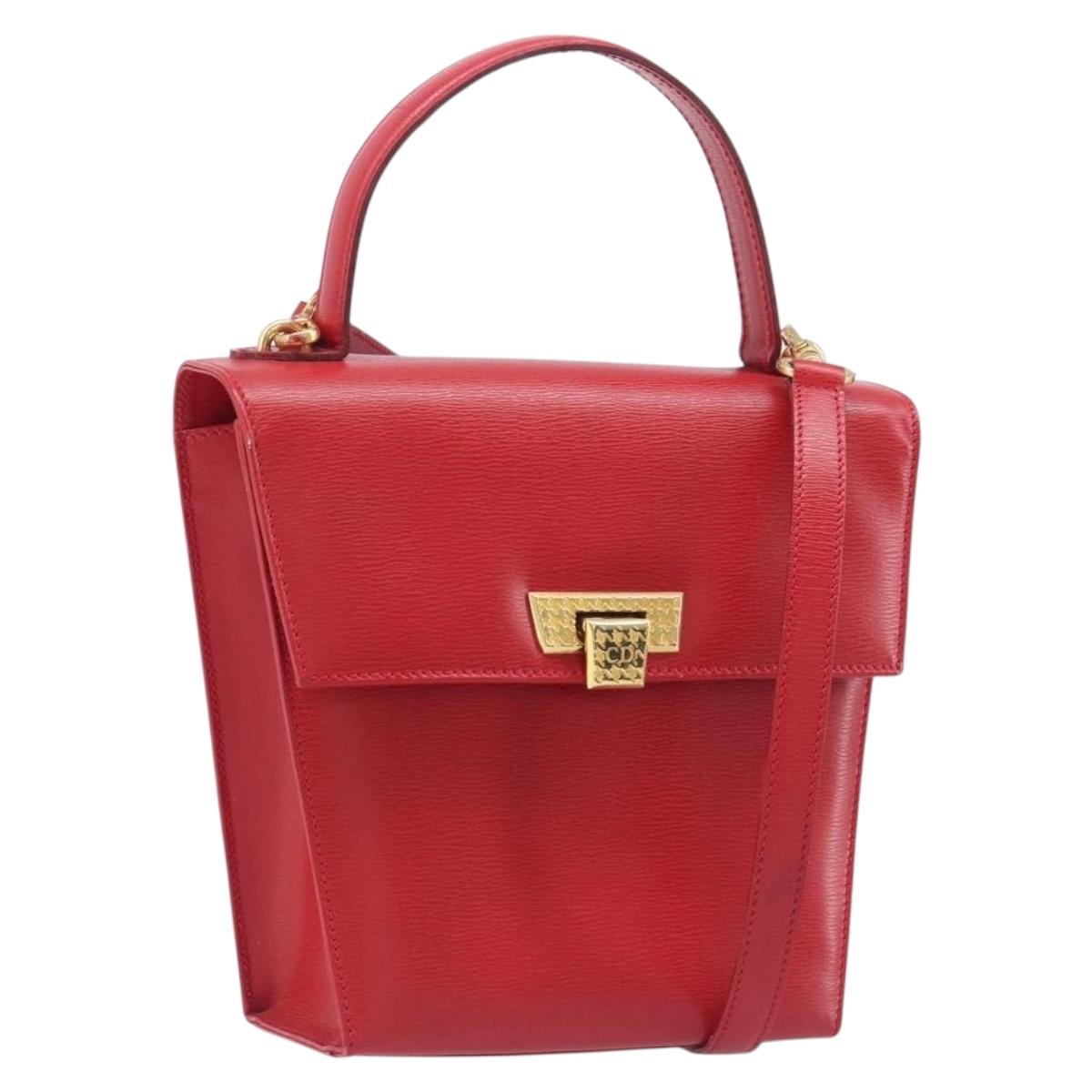 Christian Dior Hand Bag Leather 2way Red Gold Auth 152824