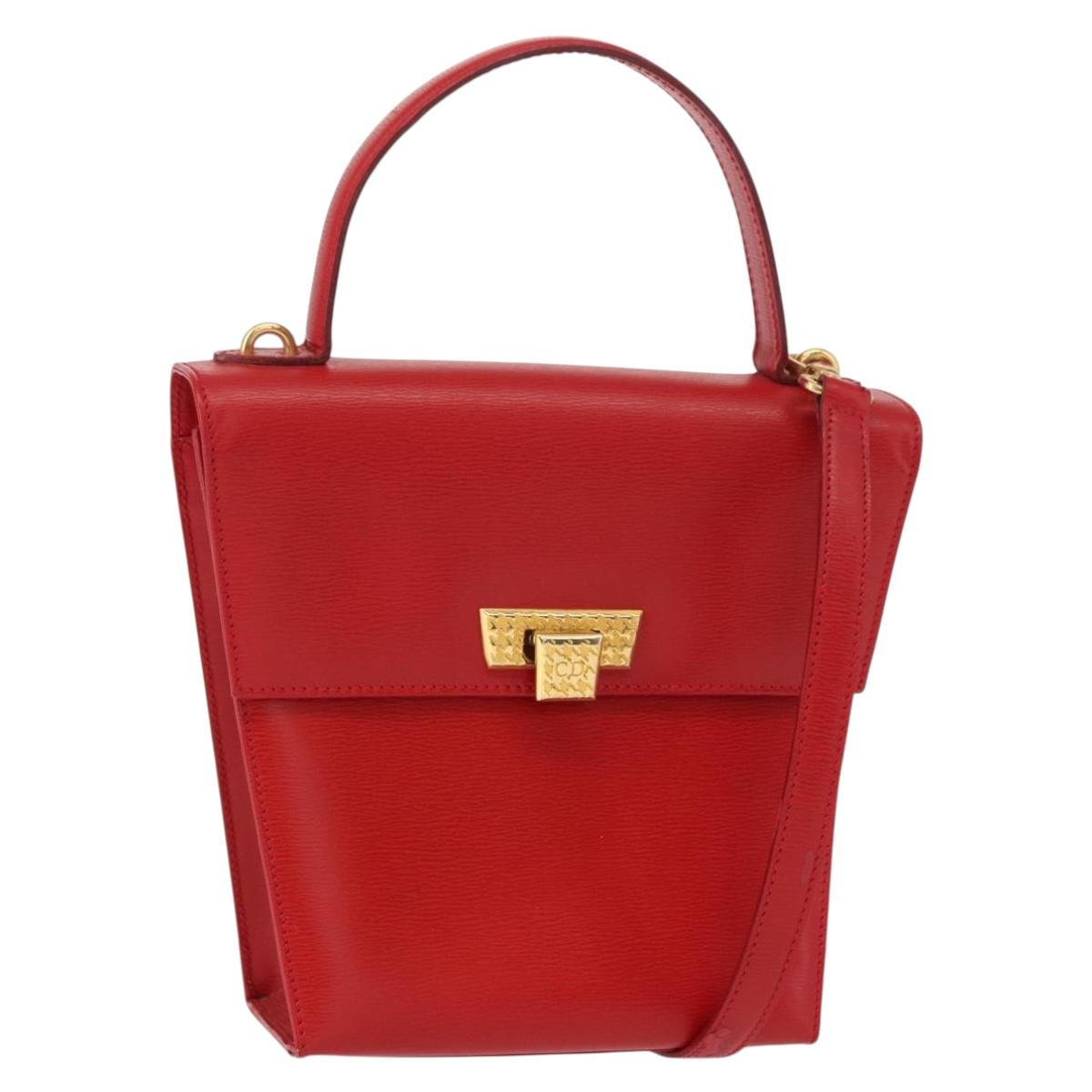 Christian Dior Hand Bag Leather 2way Red Gold Auth 152824